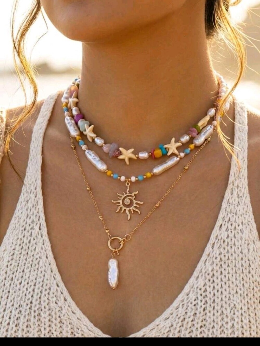 BRAND NEW ** Layered Boho Pearl & Sun Charm Necklace - Multicolor